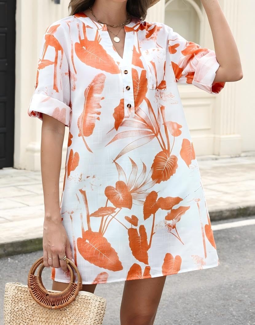 Summer Blouses For Women Tunic Top to Wear With Leggings Leaf And Floral V Neck Short Sleeve Button Casual Shirt - Image 7