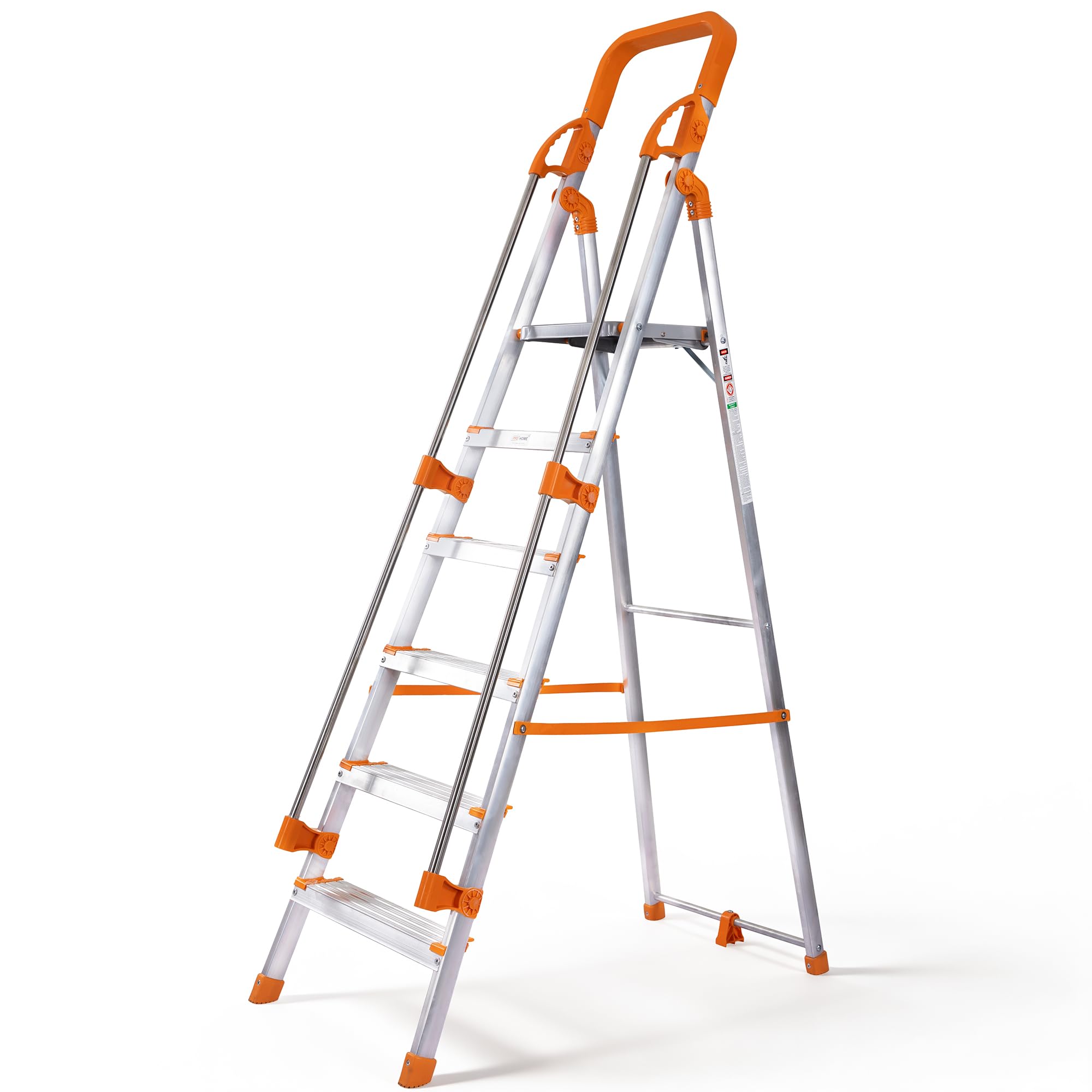 HOUZA Aluminium Ladder for Home 6 Steps Foldable with Railing & Anti-Skid Wide Steps | 6 Step Ladder for Home Use, Kitchen & Household | 250 Kg Load Capacity Folding Ladder | 5 Year Warranty (Orange)