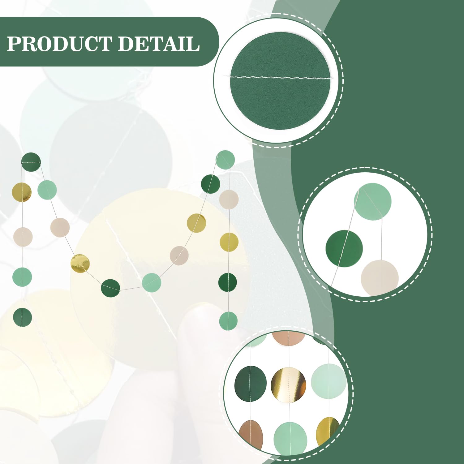 YAWYO Pack of 3 Reflective Paper Garland, Hanging Circle Dots Streamer, Green Gold Round Garland for Birthdays Carnival - Image 3