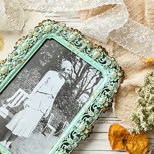 Nikky Home 4X6 Antique Green Jeweled Pearl Picture Frame With High Definition Glass For Table Top Desktop Vertical Display Wedding, 4 By 6 Shabby Chic Decorative Pewter Photo Frames, Teal #TOP2