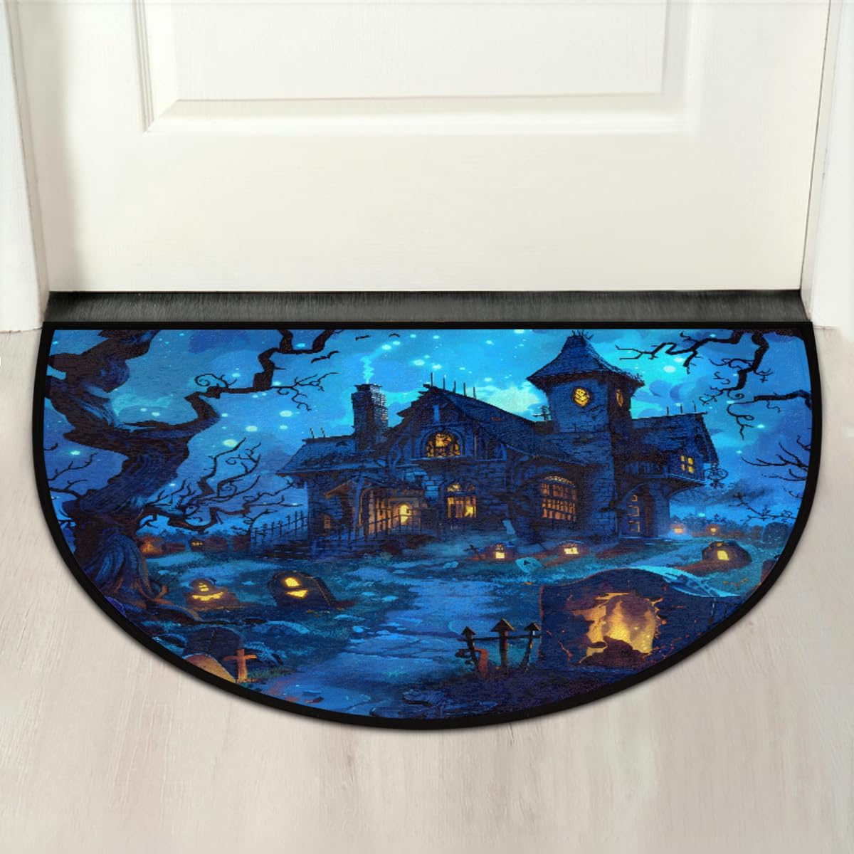 Half Round Door Mat Indoor Entrance Washable Half Circle Area Rugs Non Slip Half Moon Rug Semi Circle Bathroom Rugs Floor Carpet for Kitchen Bedroom Fireplace Blue Castle Halloween Decor