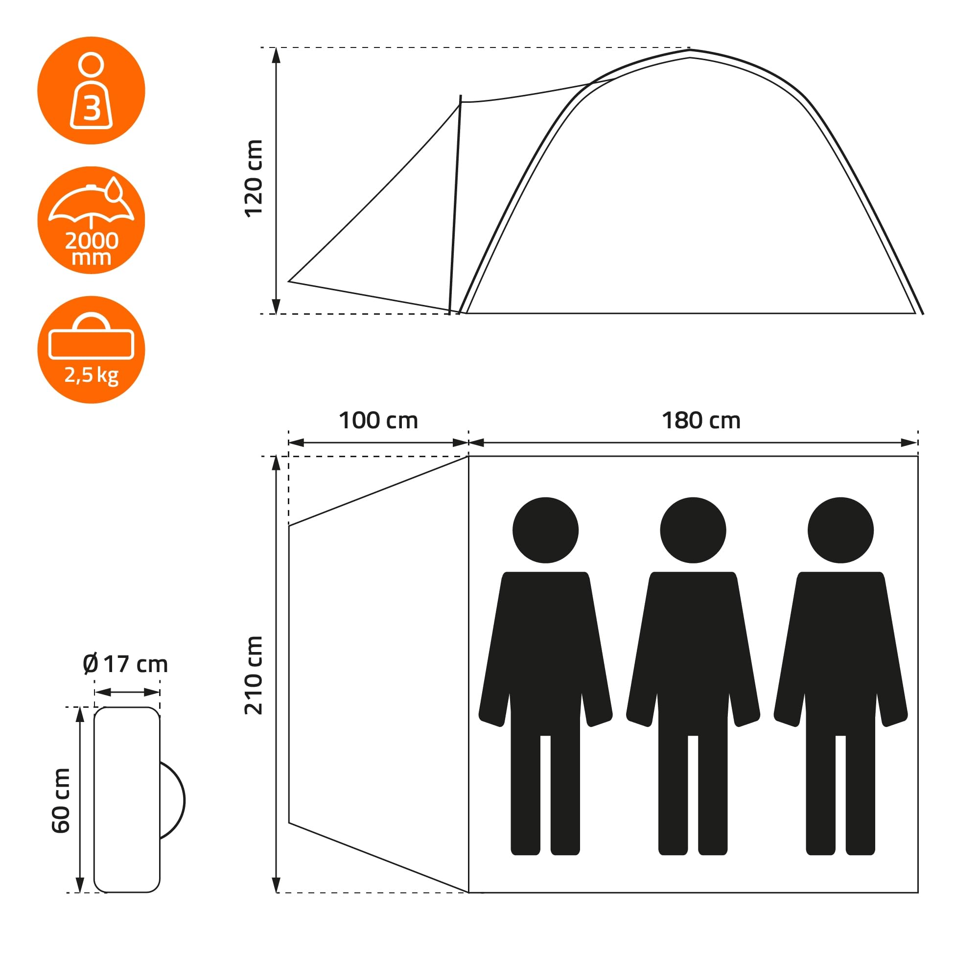 ECD Germany Tenda da Campeggio per 3 Persone 210x180x120 cm Cachi/Beige-Grigio Tenda per Famiglie Leggera Impermeabile e Antivento Vestibolo Chiudibile a Chiave Igloo con Cappucci di Ventilazione