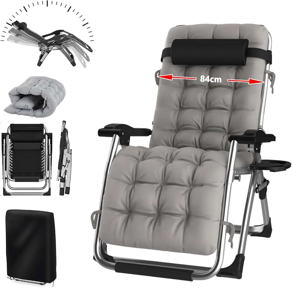 Tumbona Plegable 84cm, con cojín, Tumbonas Jardin Eexterior Silla Plegable Ajustable para Patio, jardín, Playa, Piscina, con Almohada, Gray