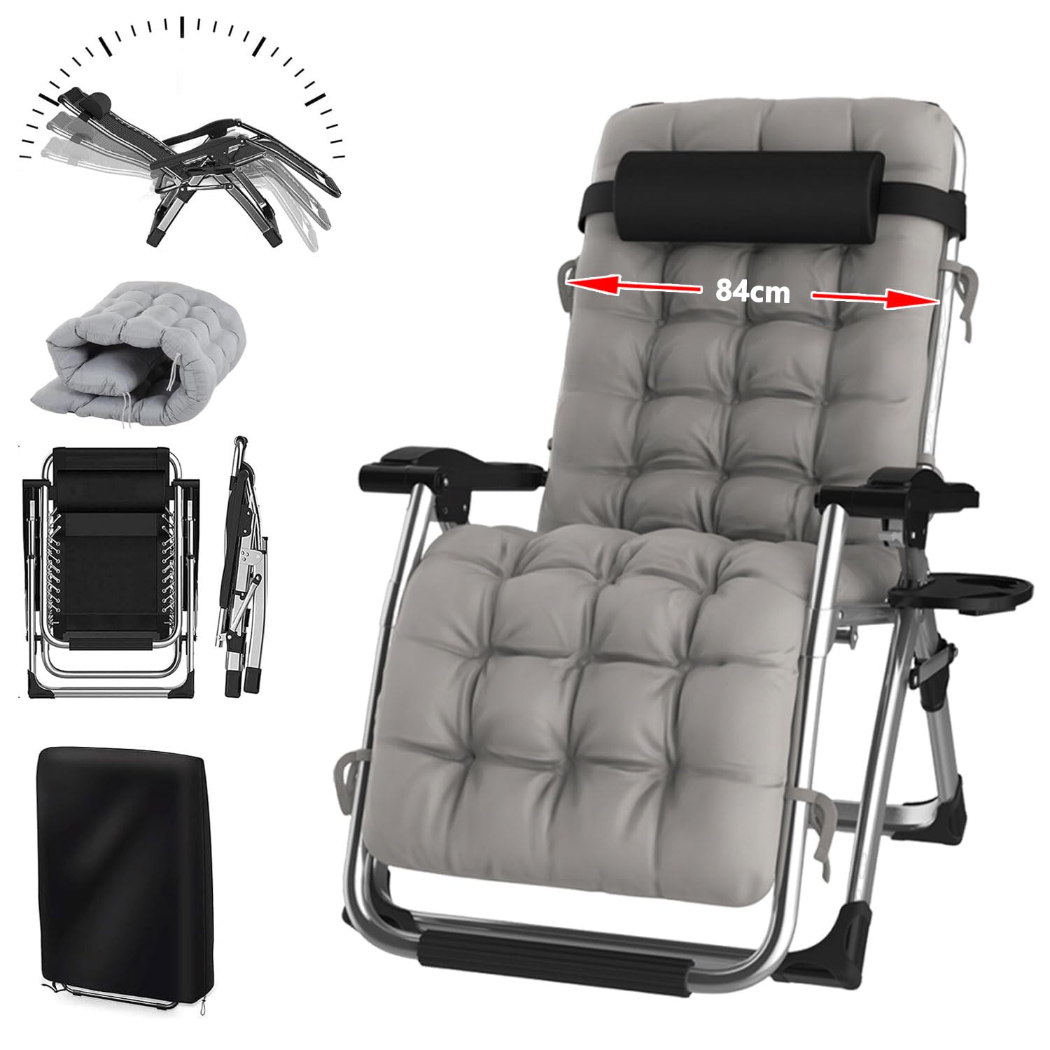 Tumbona Plegable 84cm, con cojín, Tumbonas Jardin Eexterior Silla Plegable Ajustable para Patio, jardín, Playa, Piscina, con Almohada, Gray