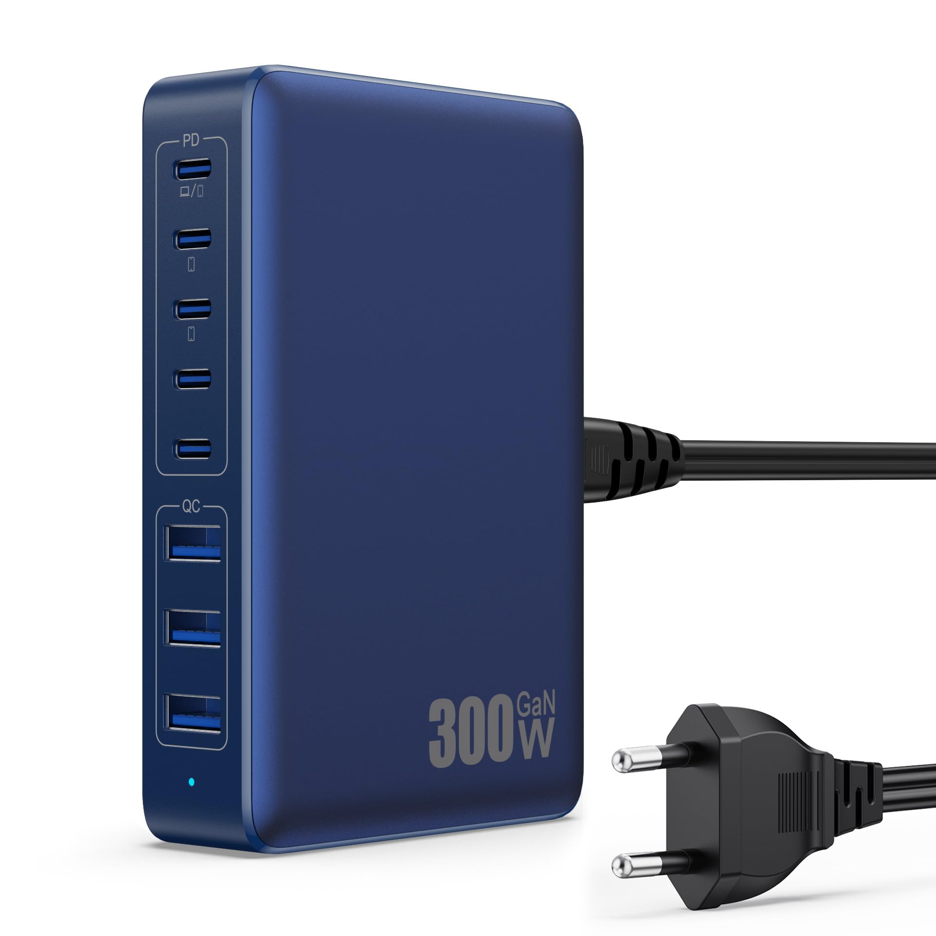 300W Caricatore USB C Multiplo, GaN Ⅳ 8 Port 100W PD Caricabatterie USB C PPS QC Alimentatore USB Multipla Stazione di Ricarica Presa USB per MacBook Air/Pro iPhone iPad Samsung SteamDeck-Blu Scuro
