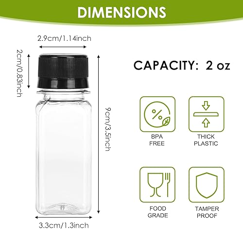 Miniatura 2 de Moretoes 14 botellas de chupitos de jengibre de 2 onzas con tapas, pequeñas botellas de plástico para líquidos, recipientes transparentes