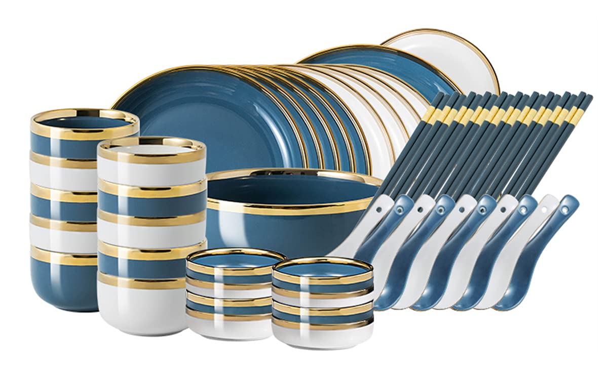 Keramik-Geschirr-Set im nordischen Stil, 50-teiliges Phnom Penh-Geschirr-Set mit Tellern, Schalen und Löffeln, Service für 6-8, Weiß (Blau)