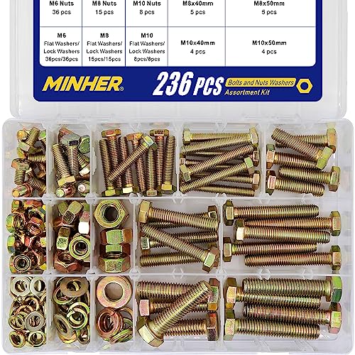 MINHER 236PCS M6 M8 M10 Heavy Duty bolts and nuts Assortment Kit Grade 8.8 Alloy Steel Hex Screws Nuts & Washers kit