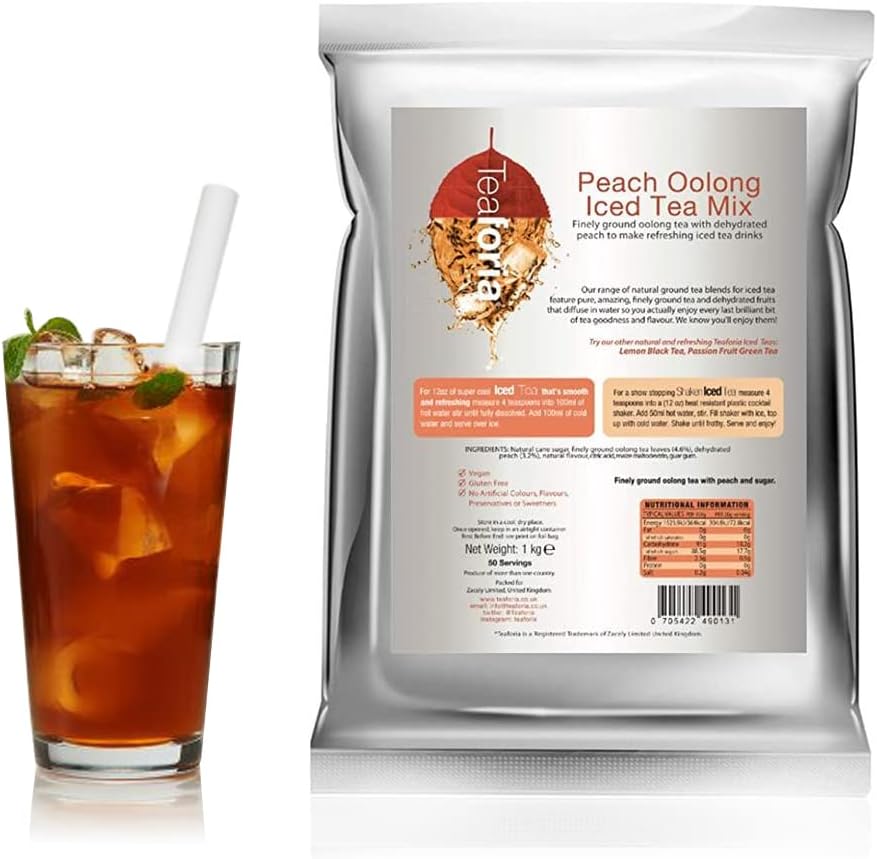 Teaforia Peach Oolong Iced Tea Mix 1kg – Ground Oolong & Green Tea with Real Peach – 50 Servings – Gluten Free, Vegan, No Preservatives – Easy to Prepare Bubble Tea