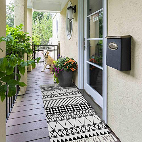 KIMODE Moroccan Cotton Area Rug 2' x 4.3'| Fringe Throw Rugs| Hand Woven Diamond Print Tassel Welcome Door Mat| Entryway Floor mat | Washable Floor Runner Rug| Porch Kitchen Living Room Carpet