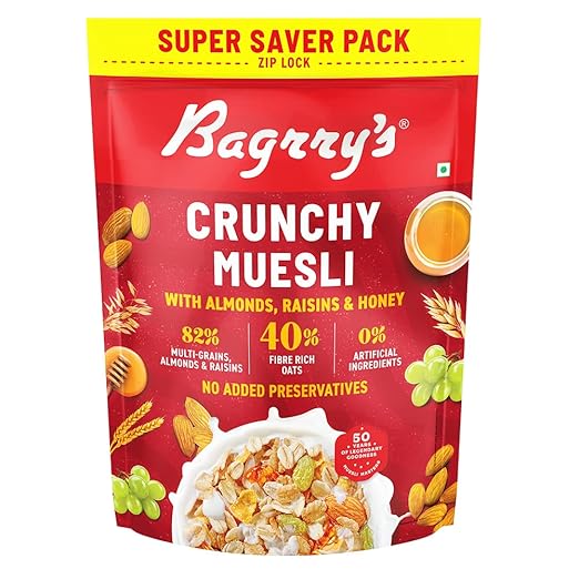 Bagrry's Crunchy Muesli 750gm Pouch| 40% Fibre Rich Oats with Bran | 82% Multi Grains, Almonds, Raisins & Honey | Breakfast Cereal | Natural Muesli