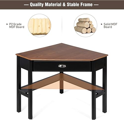 Miniatura 16 de LDAILY Escritorio de esquina pequeño, escritorio de maquillaje triangular para espacio pequeño, escritorio compacto con estantes de almacenamiento y