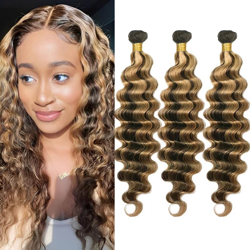 Deep Wave Bundles Human Hair 14 16 18Inch Blonde Highlight Bundles Brazilian Virgin Hair Weave 3Bundles Hair Deal（Brown and Blonde #P4/27）