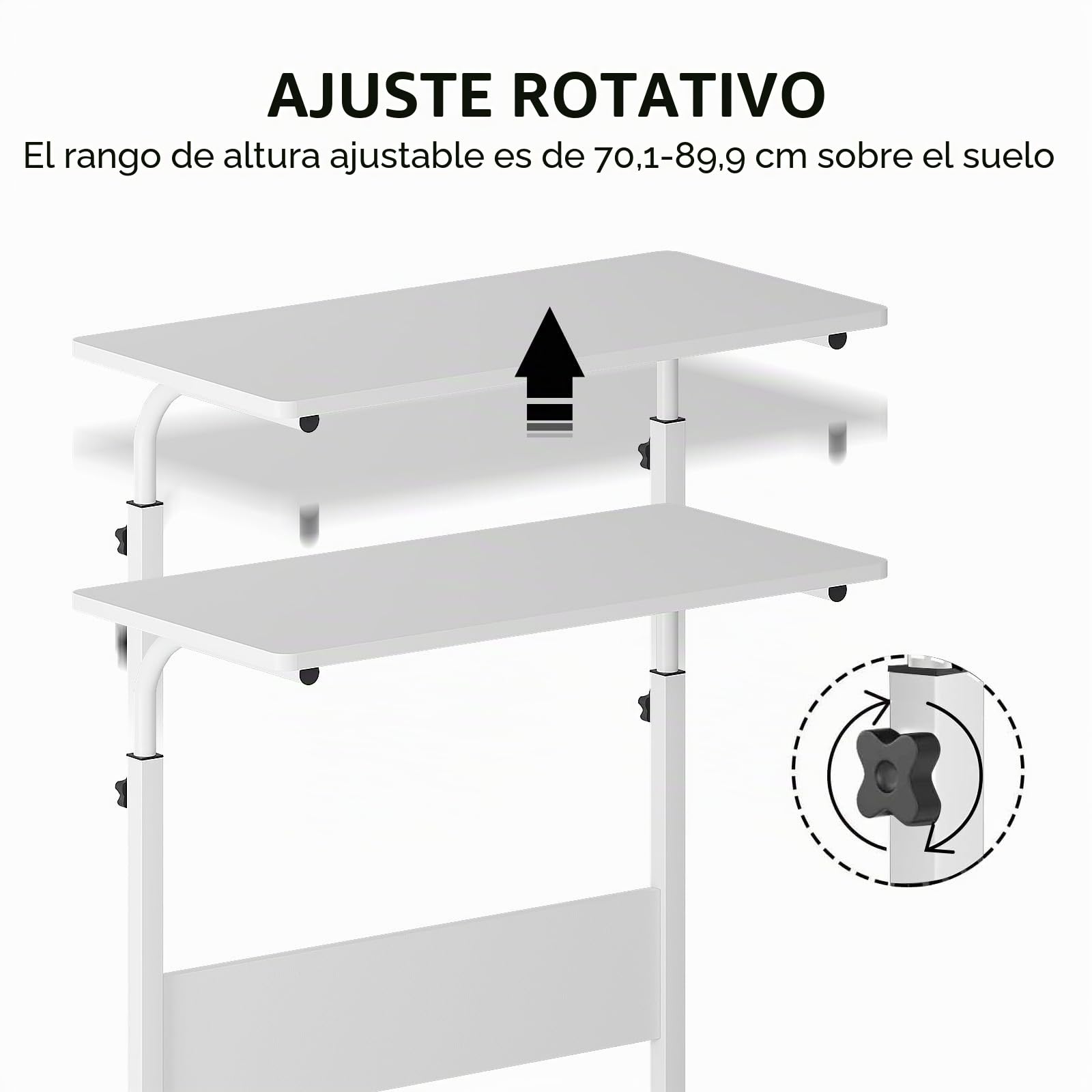sogesfurniture - Mesa Auxiliar móvil para Cama y sofá (80 x 40 x 71 – 90 cm), Color Blanco