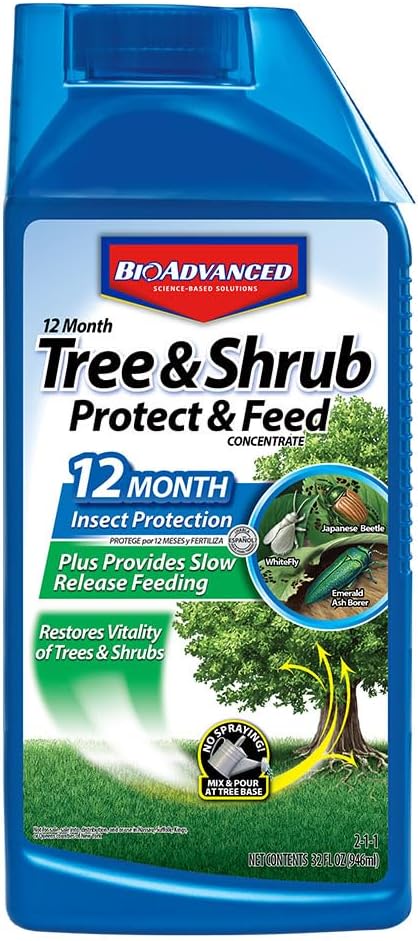 BioAdvanced 12 Month Tree & Shrub Protect and Feed Concentrate - Mix & Pour - Insect Control and Plant Food - Up to 12 Months Protection - 32 oz Bottle