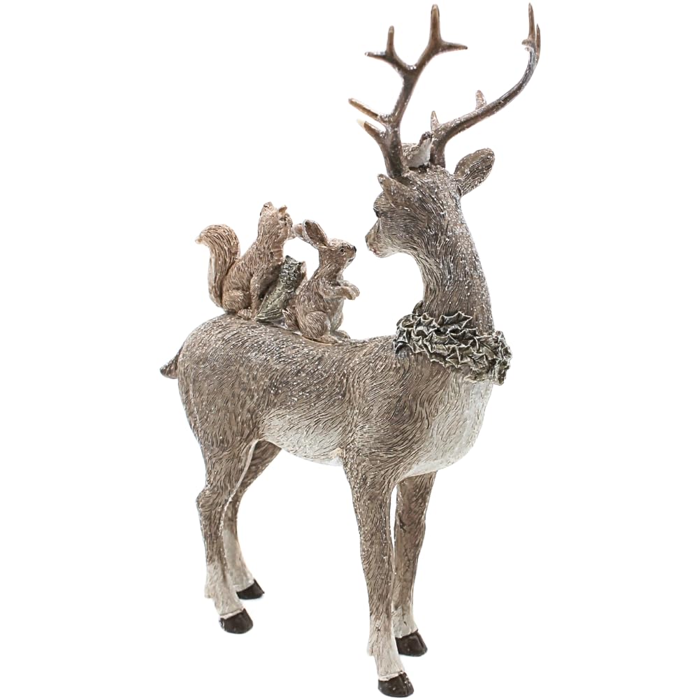 Dekohelden24 Hirschdeko, Deko-Rentier, Deko-Hirsch, Hirsch mit Geweih und 3 Eichhörnchen auf dem Rücken aus Keramik in grau, Größe L/B/H ca. 16 x 5 x 26 cm.