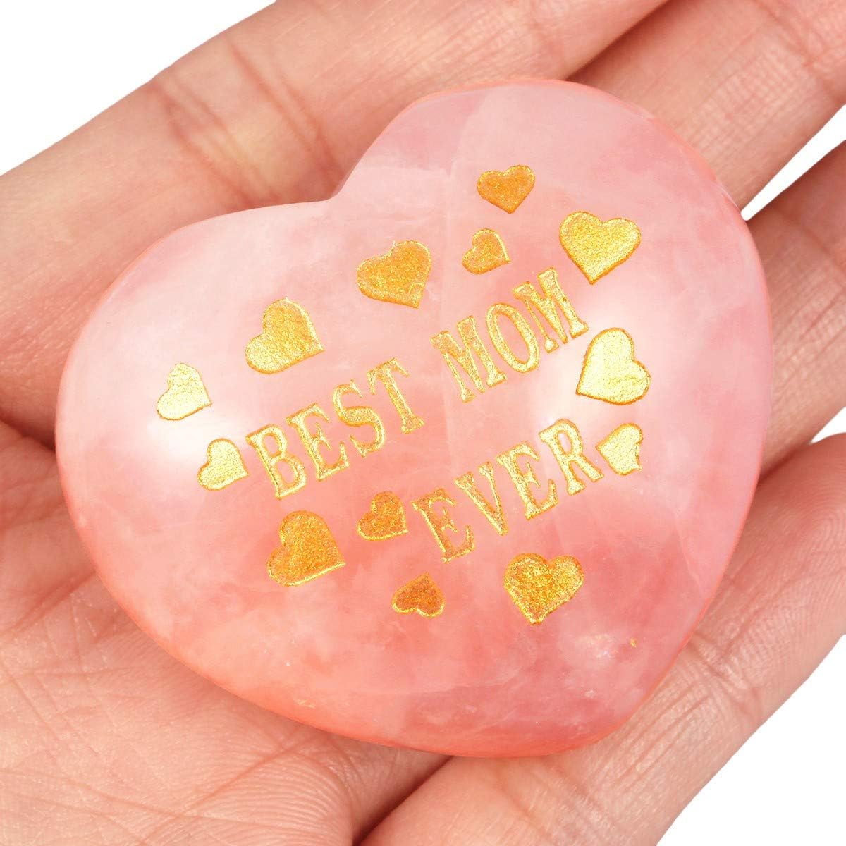 mookaitedecor Best Mom Ever Engraved Natural Rose Quartz Heart Shaped Crystal Palm Worry Stone - Image 3