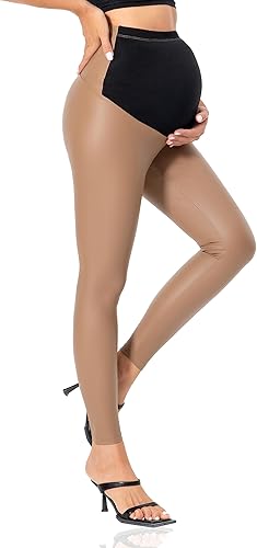 Miniatura 4 de V VOCNI Leggings de maternidad de piel sintética para mujer, pantalones elásticos sobre el vientre