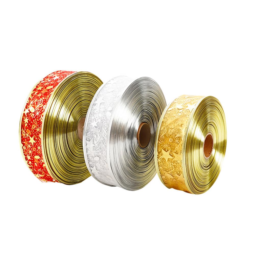 50 Yards Organzaband mit Draht Weihnachtsband 6.3CM Gold Schleifenband Geschenkband mit Sternen Musiknoten Organza Drahtband Glitzerband Weihnachtsbaum Dekoband für Party Hochzeit Kränze DIY