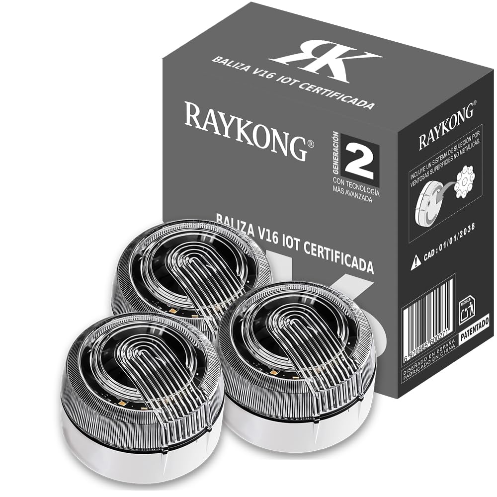 RAYKONG Baliza V16 Geolocalización DGT 3.0 | con 1 Indicador Led Conexíon | GPS | Homologada por DGT [SIM y Datos Pagados hasta 2038] Luz de emergencia de Segunda Generación | x3