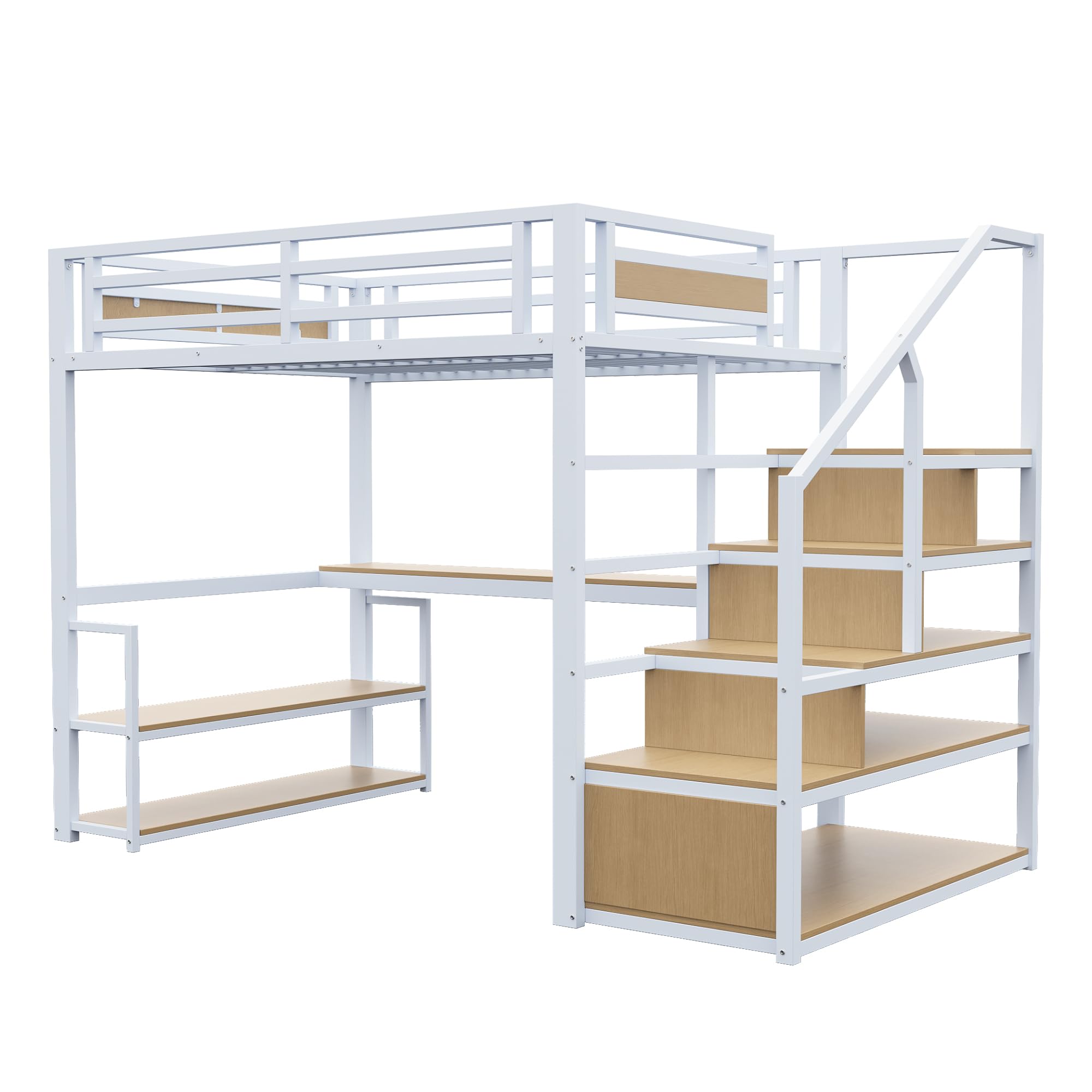 Letto a soppalco 140x200 cm in metallo con scaletta portaoggetti con ripiani e tavolo letti singolo per adulti con struttura in ferro per gli ospiti bianco