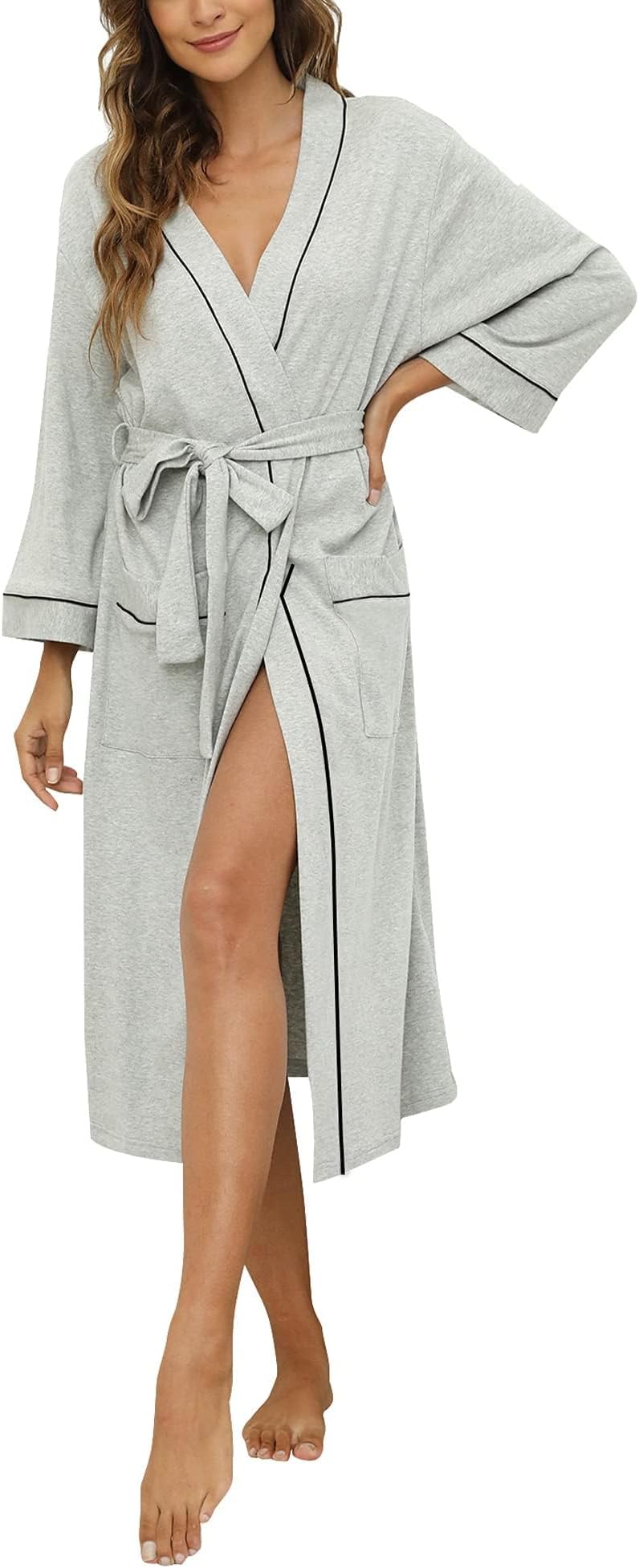 Womens Cotton Robe, Soft Kimono Spa Knit Long Bathrobe Lightweight Loungewear