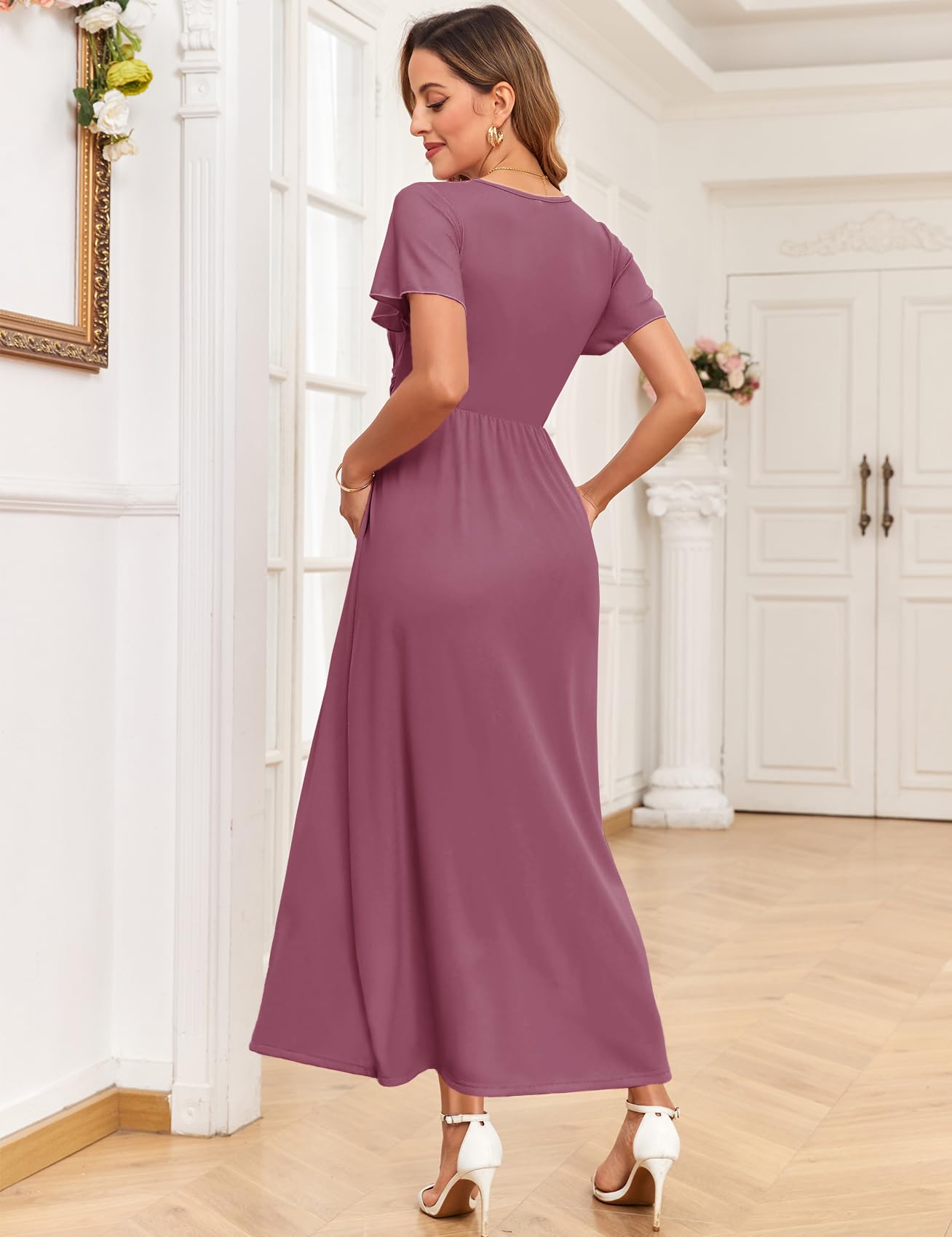 AISWI 2025 Damen Umstandskleid, Maxikleid, langärmelig, Wickelkleid, V-Ausschnitt, Schwangerschaftskleider mit Taschen, Babyparty, Fotoshooting, formell