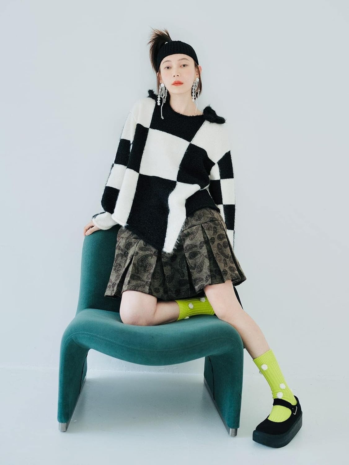 Women's Sweater Plaid Pattern Drop Shoulder Sweater Sweater for Women (Color : Black and White, Size : Small)