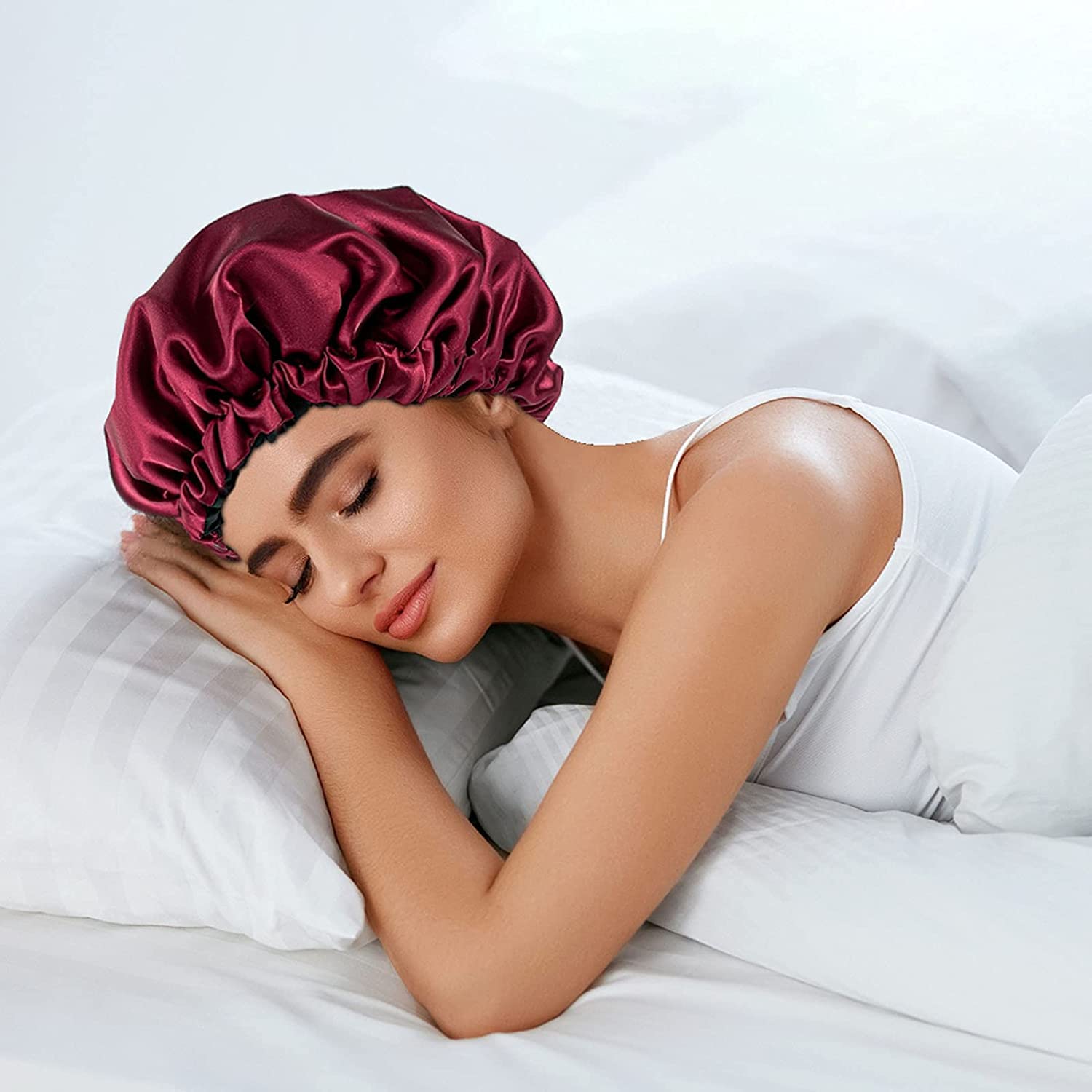 NIXTIL Adjustable Satin Sleep CAP Hair Bonnet Double Layered Reversible for Women Protective Sleep Hairstyles (BURGANDY) 1