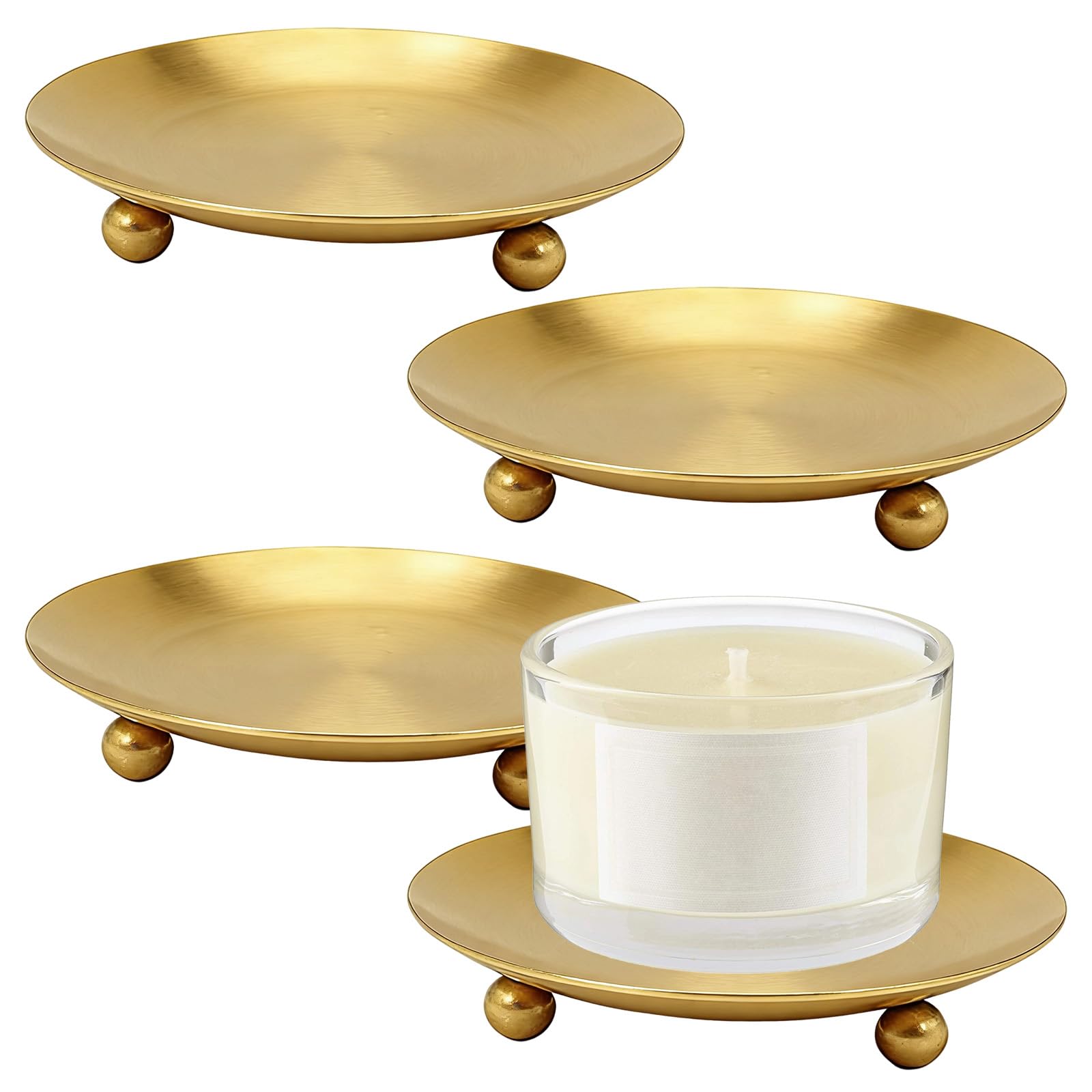 Loninloan Gold Candle Holder Plates, Set Of 4 Round Metal Candle Holder Tray Candle Stand Pillar Candle Holders Candle Plates For Christmas Halloween Wedding Party Pray Spa - 11Cm