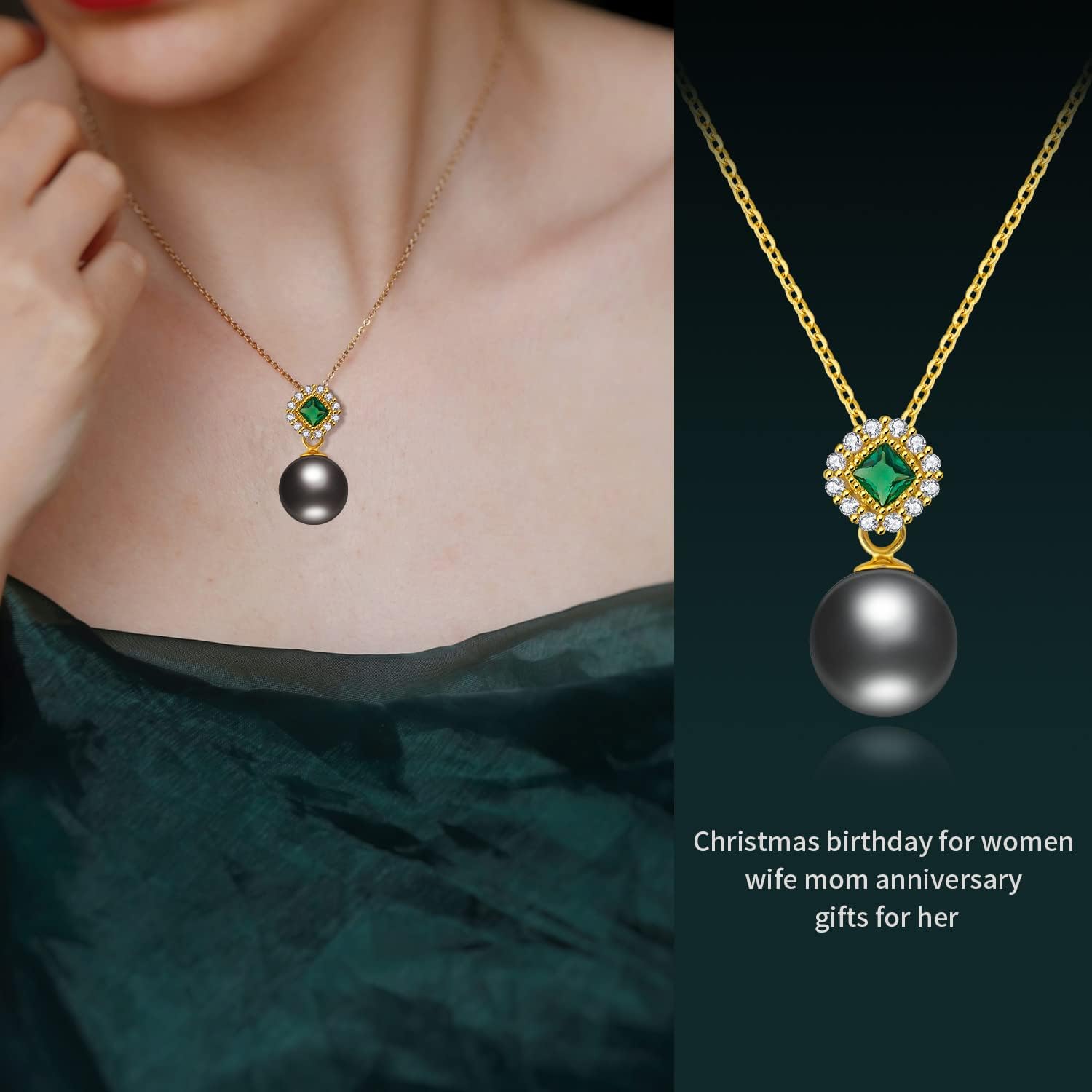 NONNYL Real Tahitian Black Pearl Pendant Necklaces for Women & 9-10mm Round 18K Gold Plated 925 Sterling Silver - Fine Jewelry Gifts for Women Wife Mom Daughter
