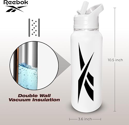 Miniatura 5 de Reebok Botella de agua de acero inoxidable con tapa de popote y diseño atlético, 32 onzas, botella de agua deportiva aislada al vacío de doble pared