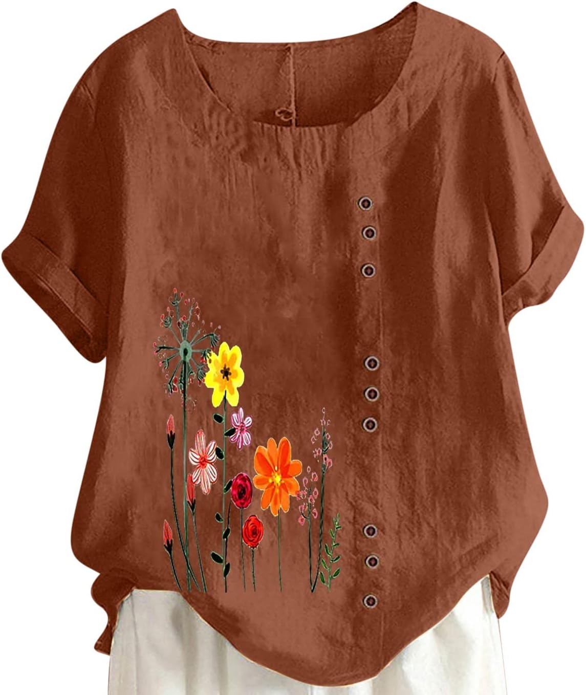 Women Floral Print Linen Shirts Short Sleeve Gauze Tops Loose Fit Cotton Blouses Trendy 2024 Clothing