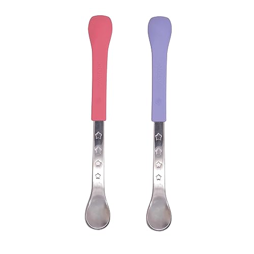 Nuby Cucharas de alimentación seguras y calientes 2 en 1 (paquete de 2) cucharas para bebés de más de 6 meses, color rosa y morado