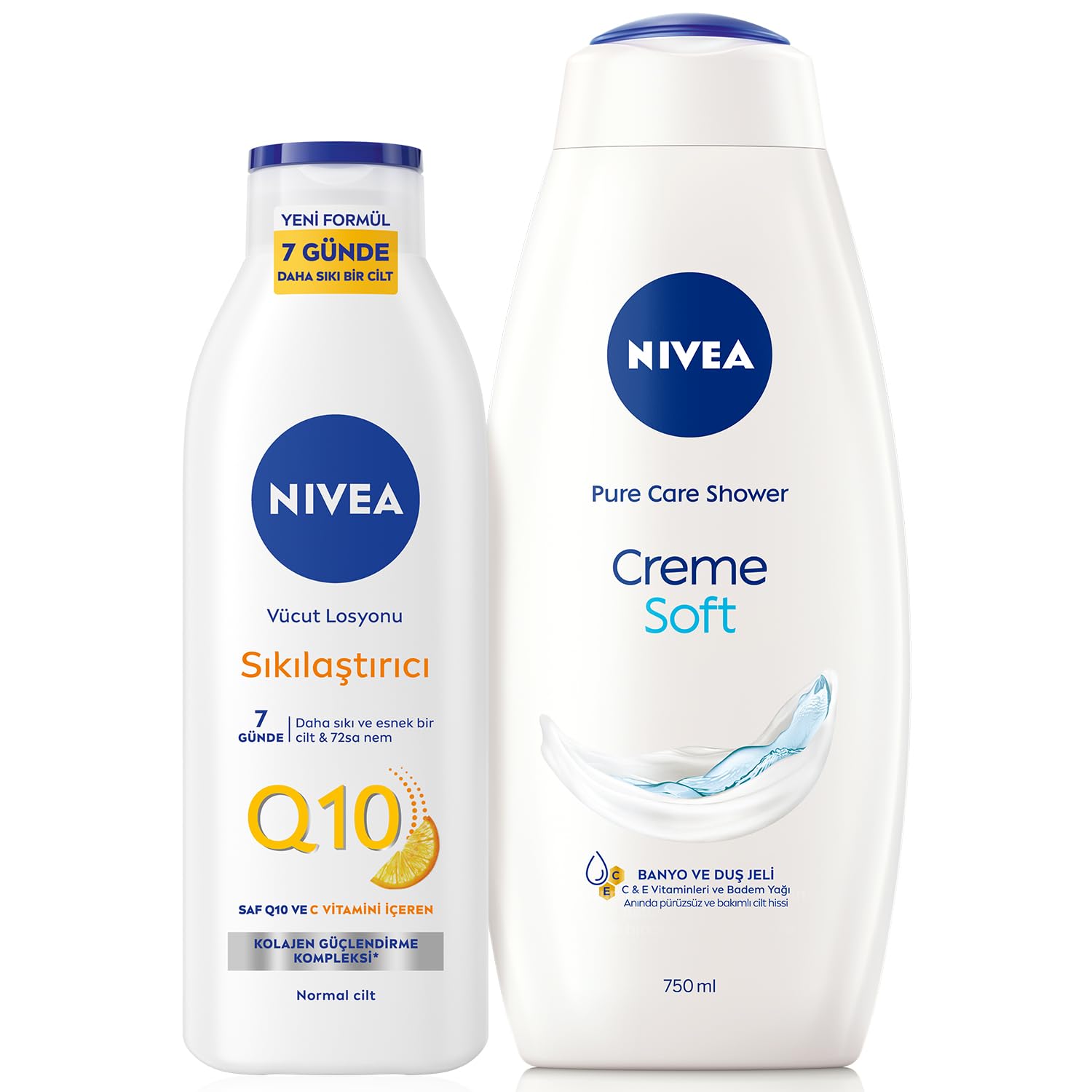 NIVEA Q10 Sıkılaştırıcı Vücut Losyonu 250 ml,72 Saat Nemlendirici,7 Günde Sıkılaşma,Esnek Cilt,C Vitamini,Kolajen,Normal Ciltler İçin + NIVEA Creme Soft Kremsi Dokunuş Banyo Ve Duş Jeli 750 ml