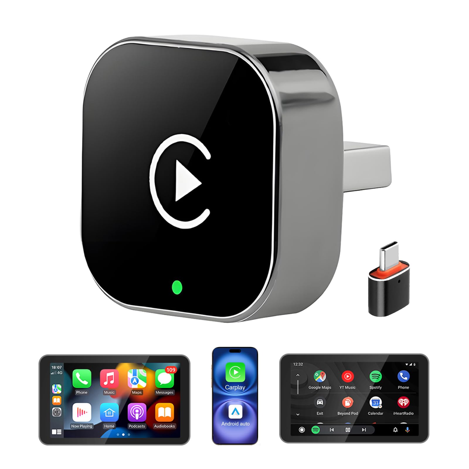 2-in-1 wireless carplay & android auto adapter, mini usb design for cars with wired carplay,fast auto-connect,plug & play,usb/type-c,for apple ios 10+, android 11+ version