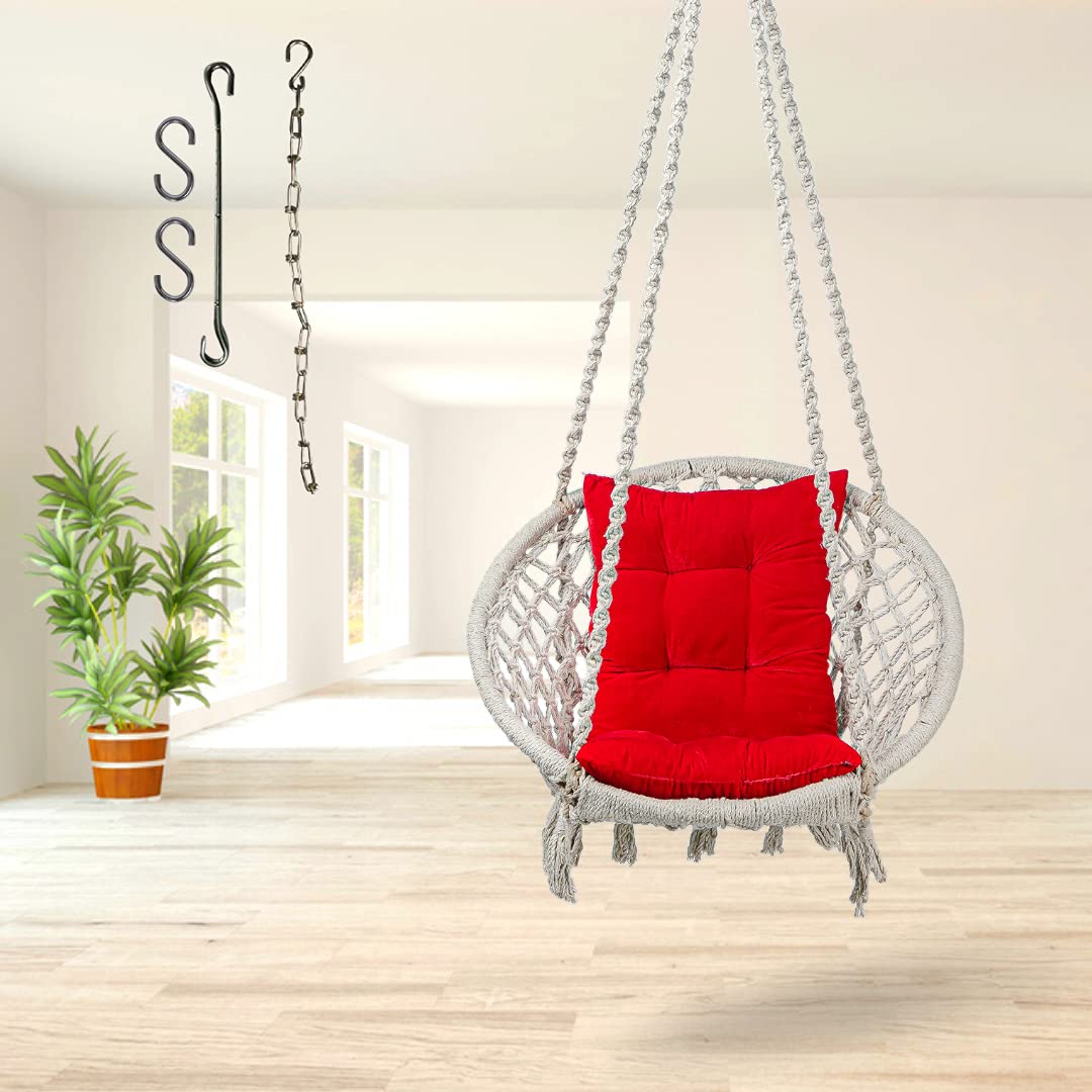 Curio Centre Make in India White Round Cotton Swing with L Shape Cushion & Chain Kit/Hammock Swing for Kids & Adults/Swing for Balcony/L-Cushion, Chain & Accessories Included (145x57x43 cm, White)-image-14