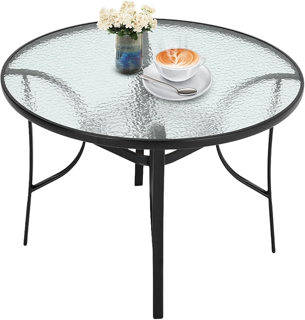 DKIEI 105cm Round Outdoor Dining Table Coffee Table Patio Table Garden Dining Table Patio Bistro Steel Frame Tempered Glass Table Top with Umbrella Hole for Yard Bistro Lawn Balcony Black