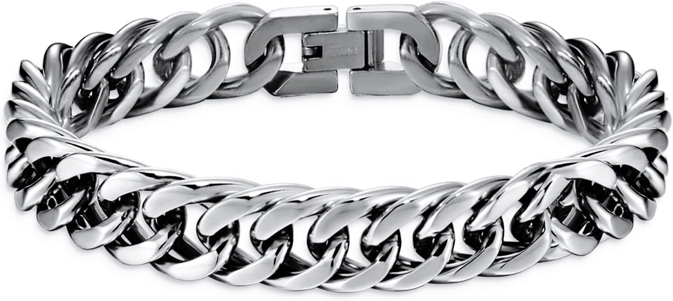 Mens Bracelet - Stainless Steel Fold Over Clasp Cuban Chain Bracelets Mens Jewelry Gifts for Dad Grandpa Husband