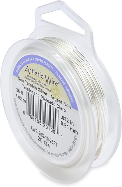 Artistic Wire Silver Plated Tarnish Resistant Colored Copper Craft Wire, 20 Gauge / .81 mm, 25 ft / 7.6 m