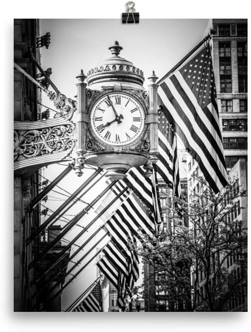 11x17 Inch Black and White Chicago Poster: Unframed Photo Paper Print, Macy s Clock Print, Marshall Fields Picture, Building Architecture Photo, Illinois Home Decor, Vertical Portrait Artwork Poster