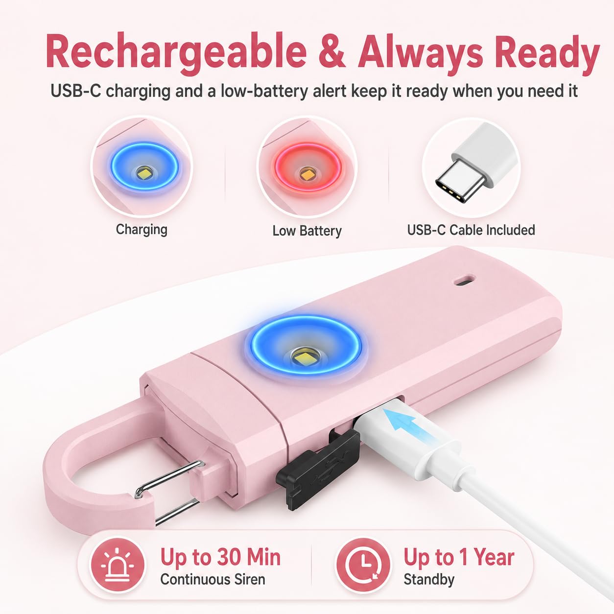 Alarmes personnelles rechargeables pour femme – Cadeaux de Noël et d'anniversaire pour femme, adolescente, fille, porte-clés de sécurité, sirène d'alarme, essentiels de voyage (rose)