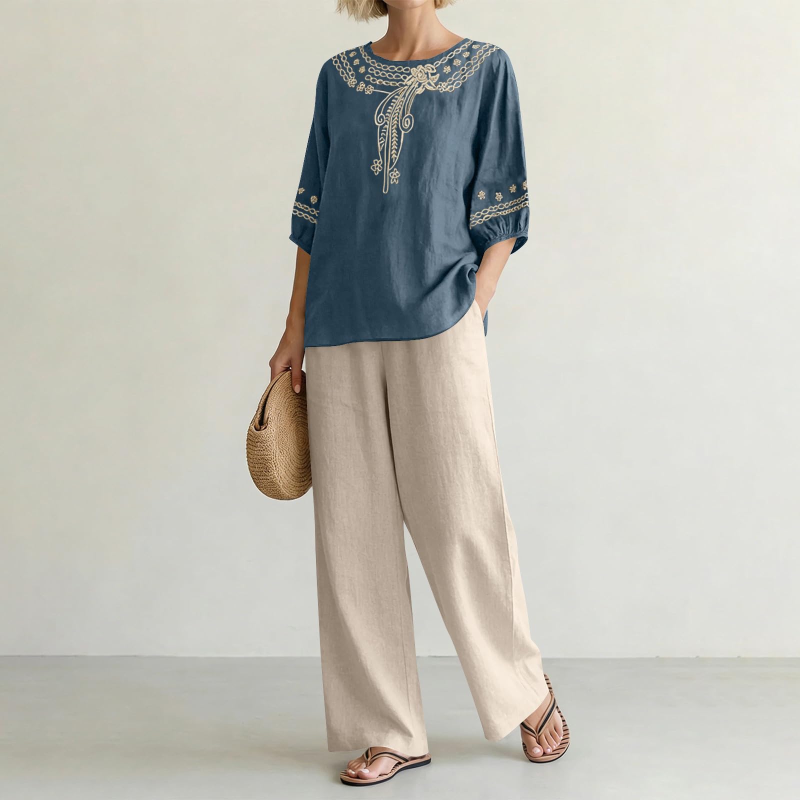 Ensemble Lin Femme 2 Pieces Chic Et Elegant Été,Ensemble Femme Pantalon Et Haut Fluide Broderie Deux Pièces Survetement Manches Courtes Bohème Outfit Set Léger Décontracté De Plage