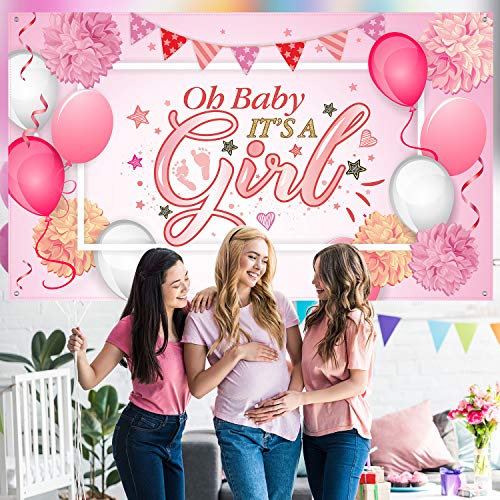 Image of Baby Shower Backdrop It's a Girl Banner 6 x 3.6 ft Large Pink Fabric Decor | Floral Balloon Print on Polyester Fabric, Rope and Grommets for Easy Hanging, Reusable for Photo Booths Walls and Tabless
