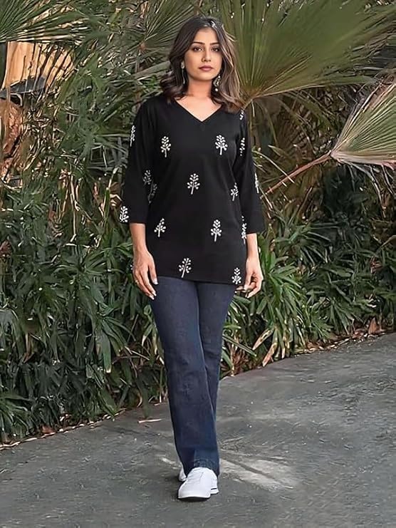 Image of Women's Regular Fit Printed Tunic Top with 3 /4 Sleeves and V Nack Long Length | Short Kurta for Women