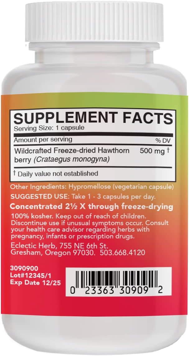 Eclectic Institute Raw Fresh Freeze-Dried Non-GMO Hawthorn Berry | Cardiovascular Support | 90 CT (500 mg) : Health & Household
