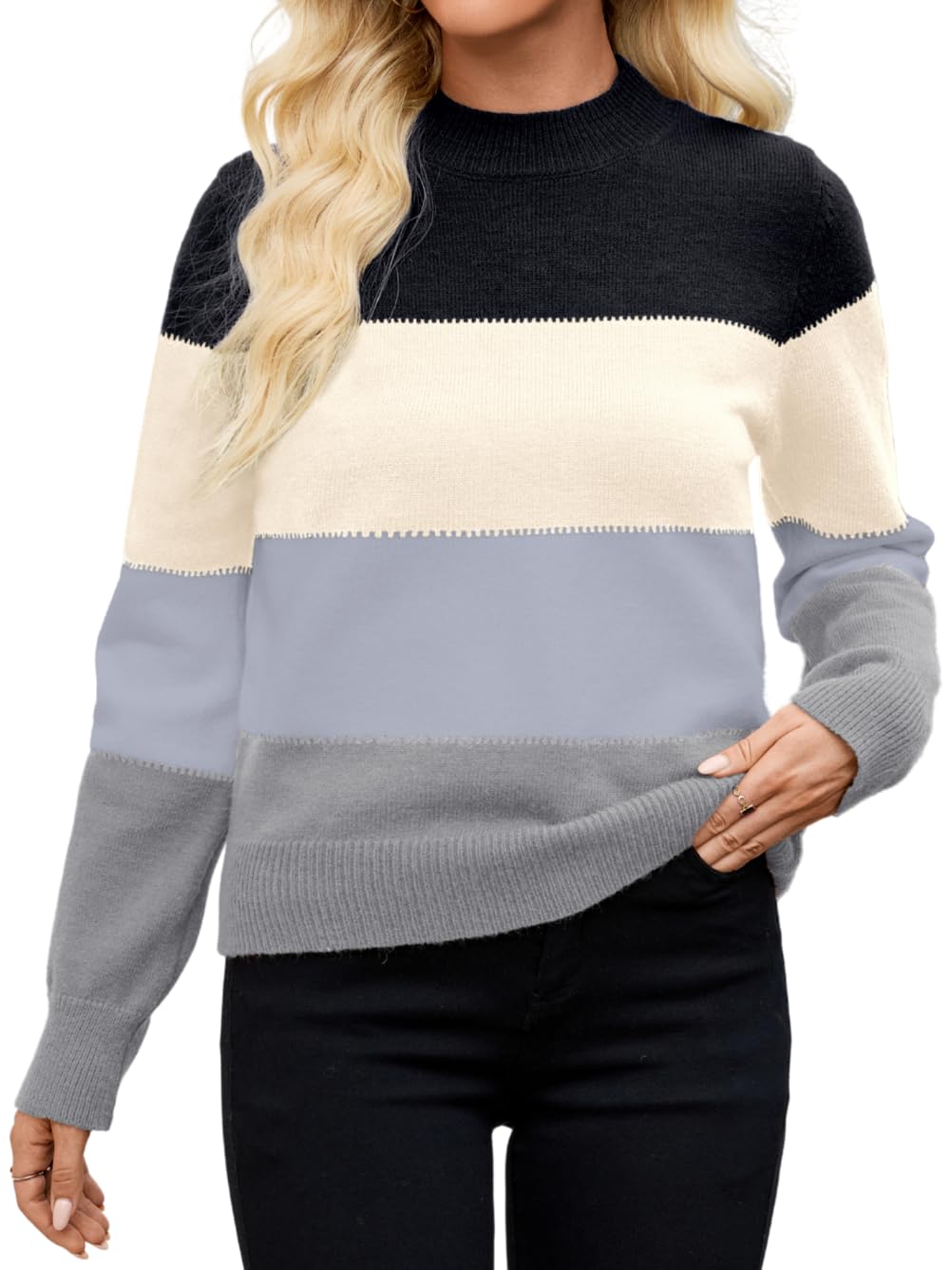 Kaei Shi Striped Sweater Mock Neck Knit Tops for Women Color Block Sweaters Work Family Photo