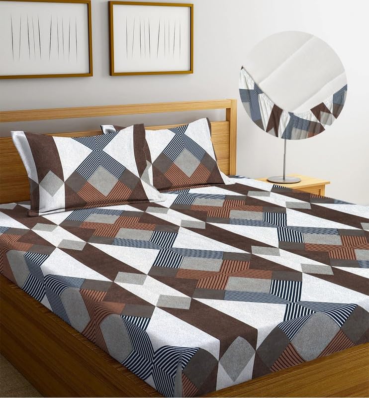 Image of la'amour 100% Cotton Elastic Fitted Bedsheets with 2 King Size Pillow Covers Double Bed with All Around Elastic Supersoft Size - 72 King Sizex78+10 inches Grey and White 200 tc - 220 tc