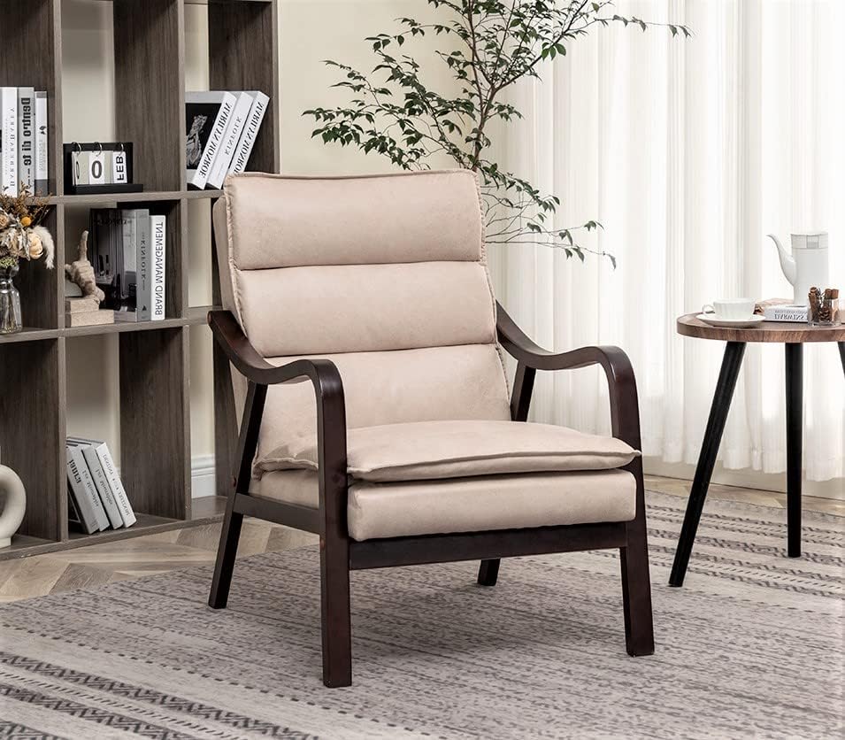 Container Furniture DirectMid Century Modern Accent Chair for Living Room, Bedroom or Office-Retro-Styled Armchair with Solid Wood Frame and Plush Cushioning, Spotted Microfiber, Light Camel