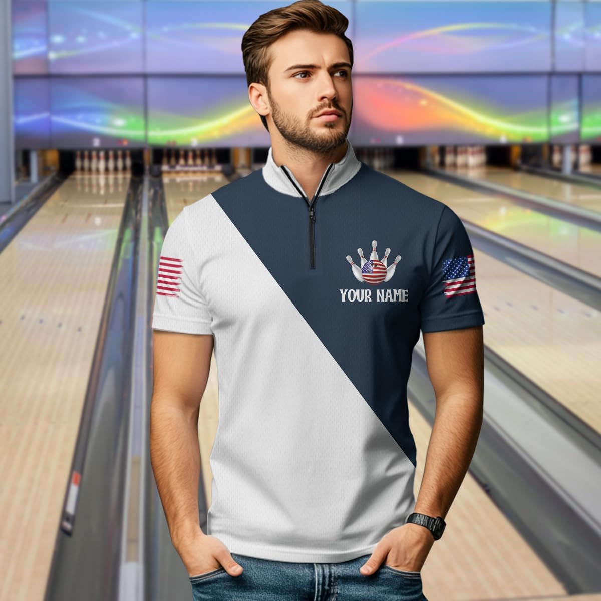 American Bowling Shirts Custom Blue Bowling Jersey for Men Women's Patriotic Bowling Polo Bowling 1/4 Shirt with Team Name